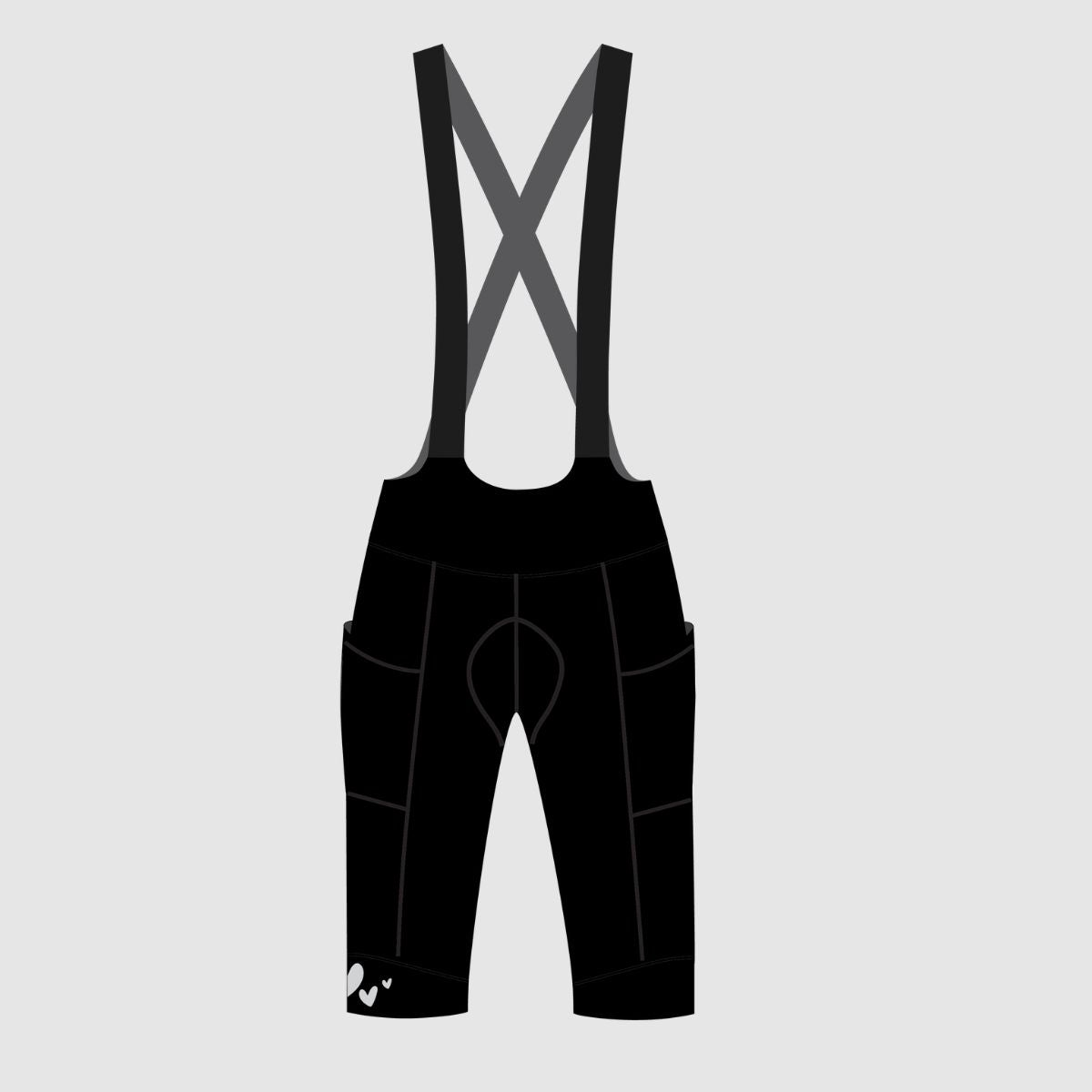 Tech drawing of three quarter length bib knicks black front.