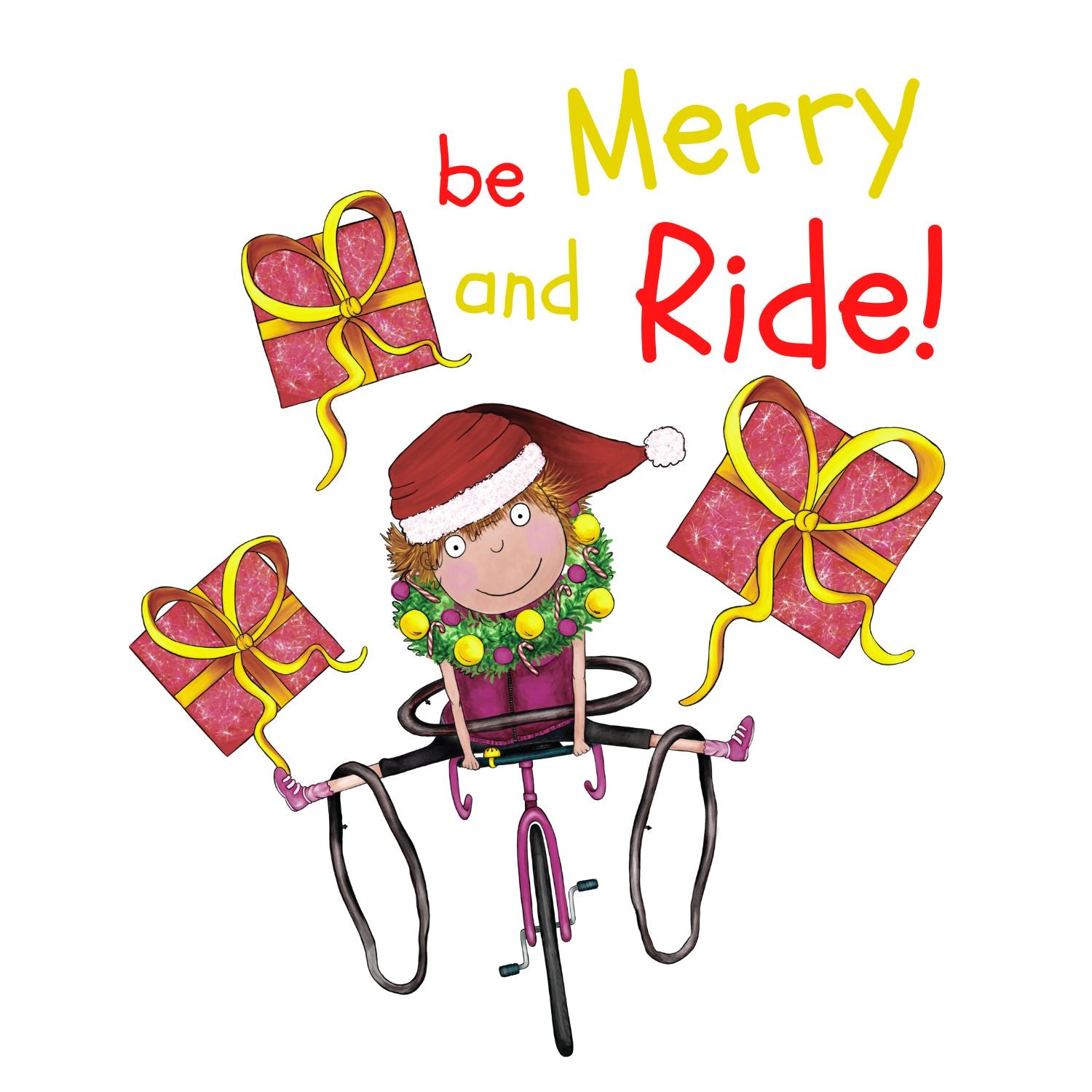 Illustration of a person on a bike with Christmas decorations and presents, accompanied by 'Be Merry and Ride!' text.