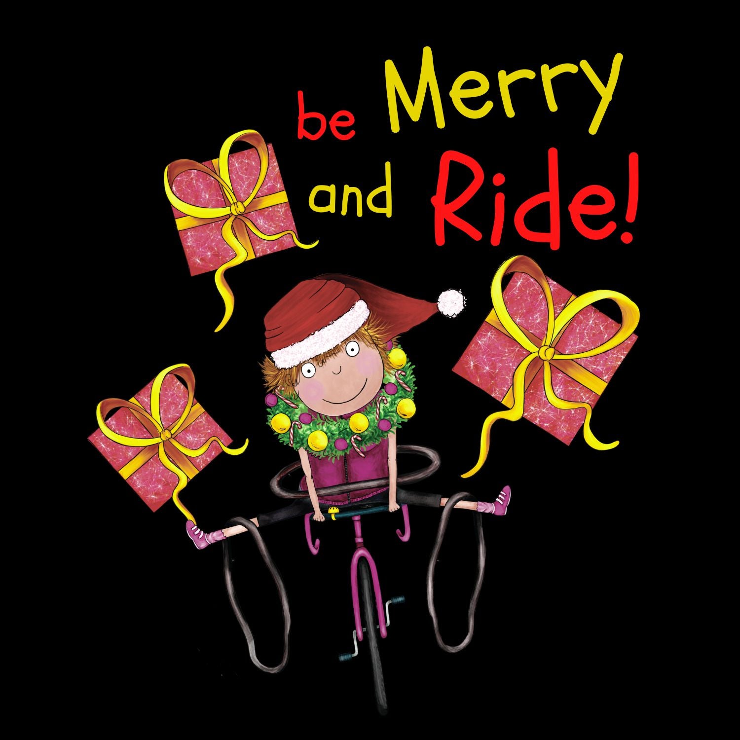 Cartoon character with a Santa hat and wreath surrounded by presents with 'Merry and Ride!' text on a black background.