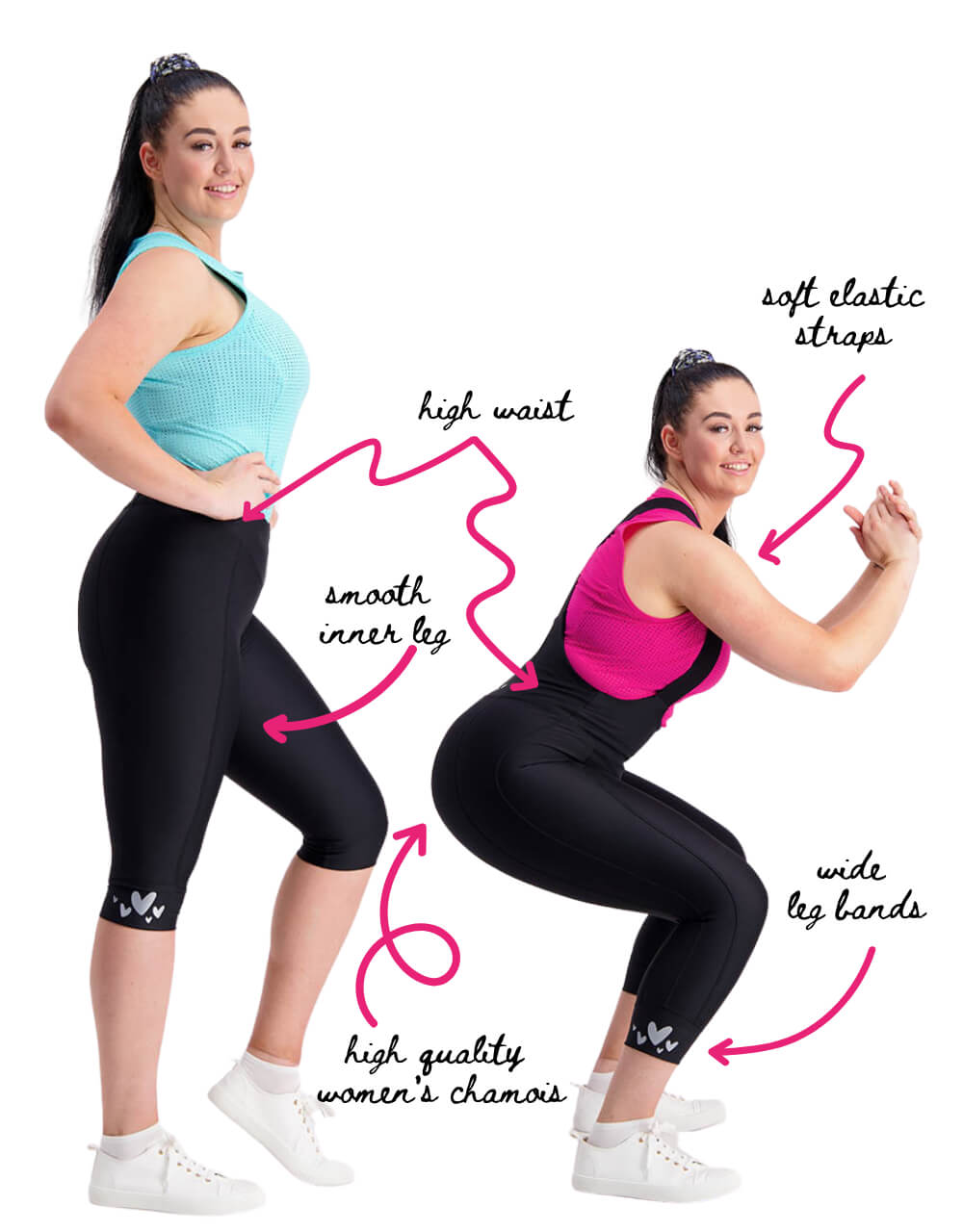 diagram showing garment features of birds on bikes cycling shorts and bib shorts
