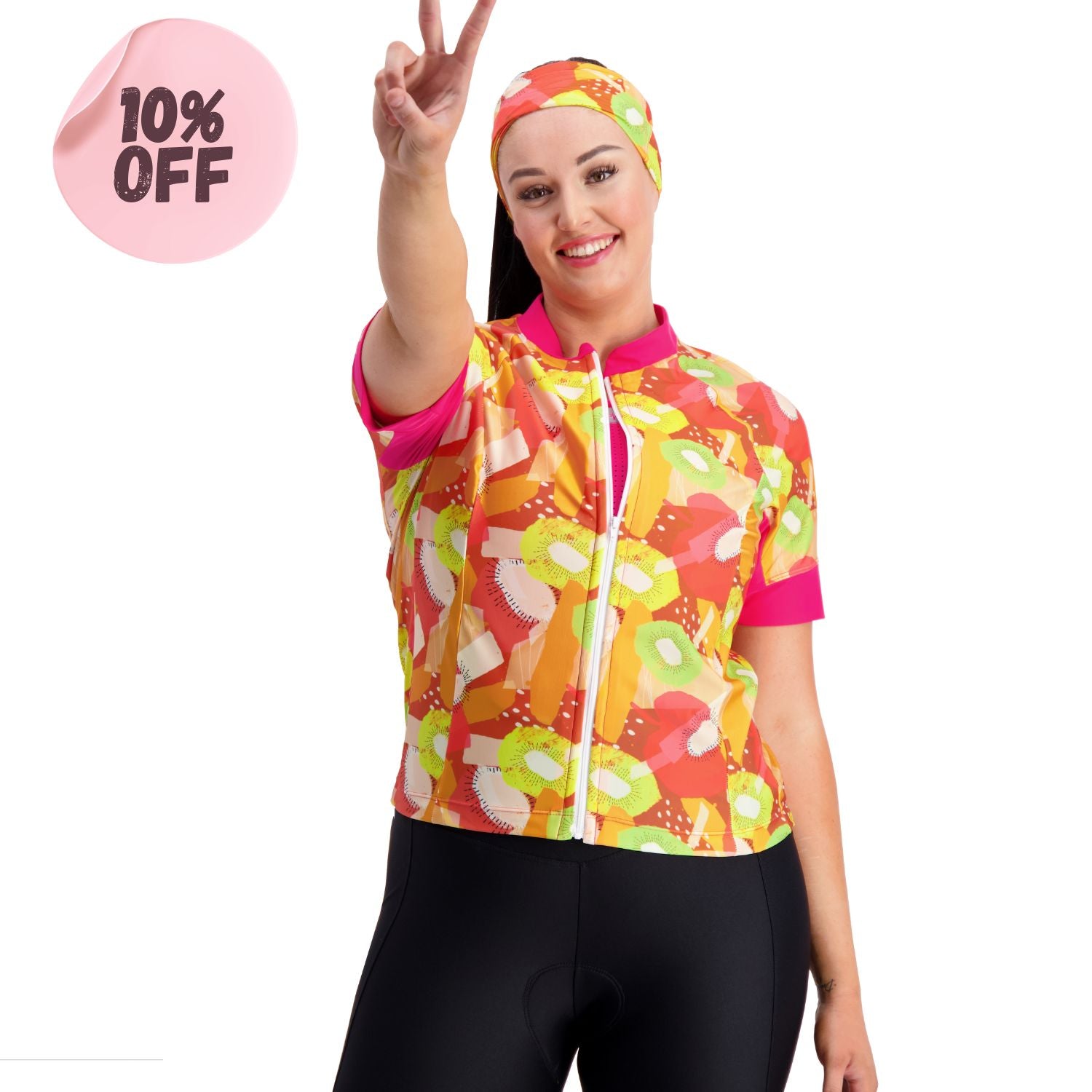 model in brigjt orange cycling jersey showing peace sign and 10% off
