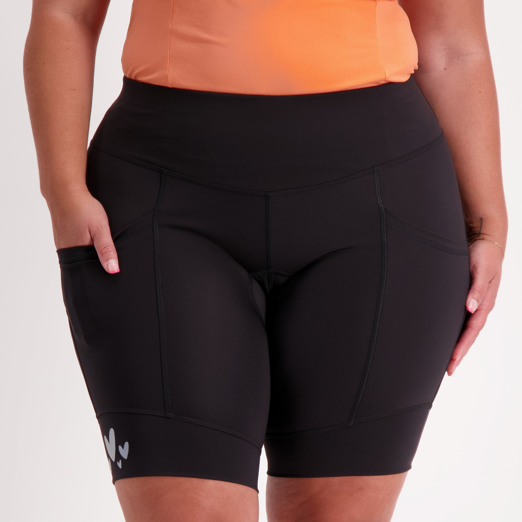 Front view of Birds on Bikes essential pocket bike shorts in black.