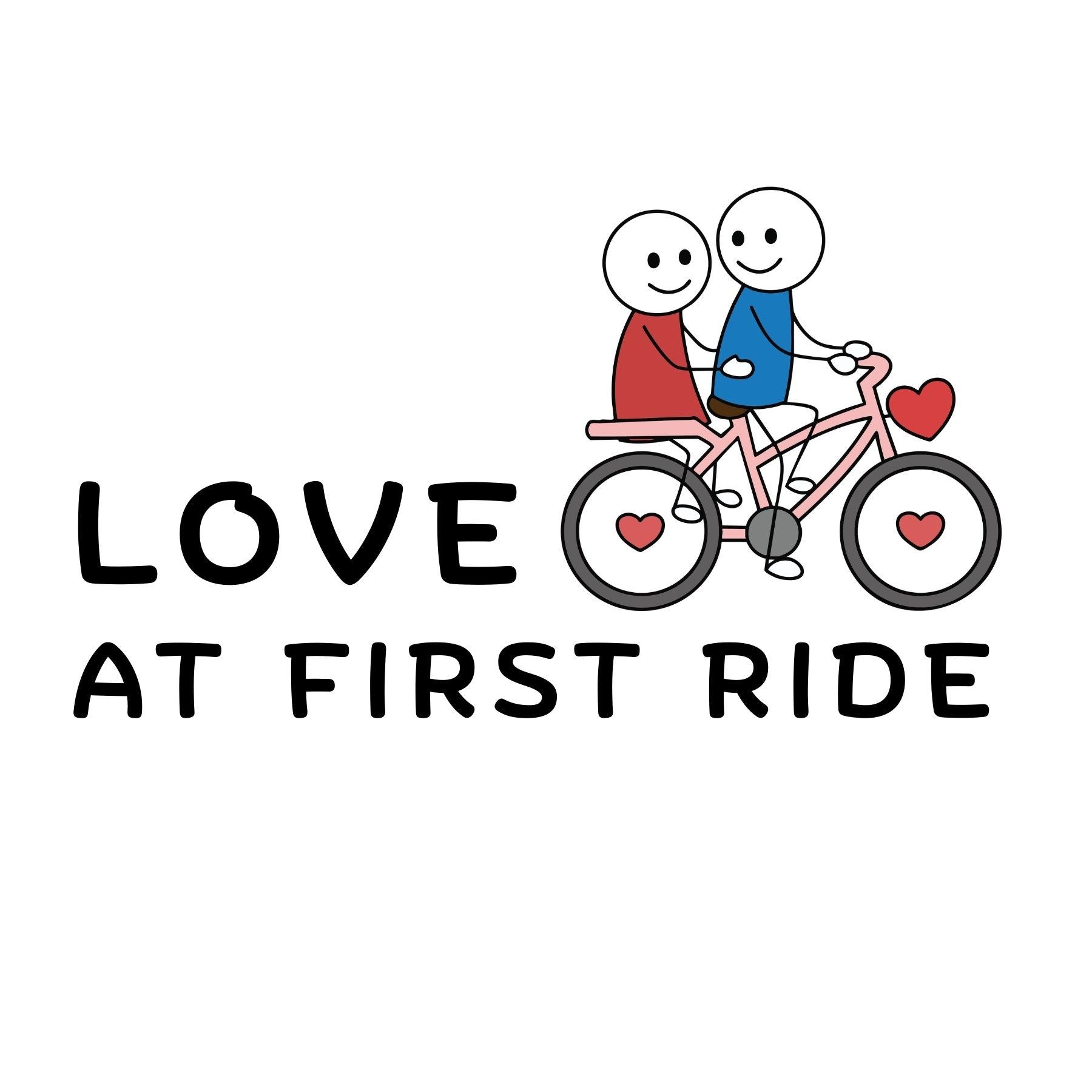 Cartoon couple on a bicycle with 'Love at First Ride' text on a white background