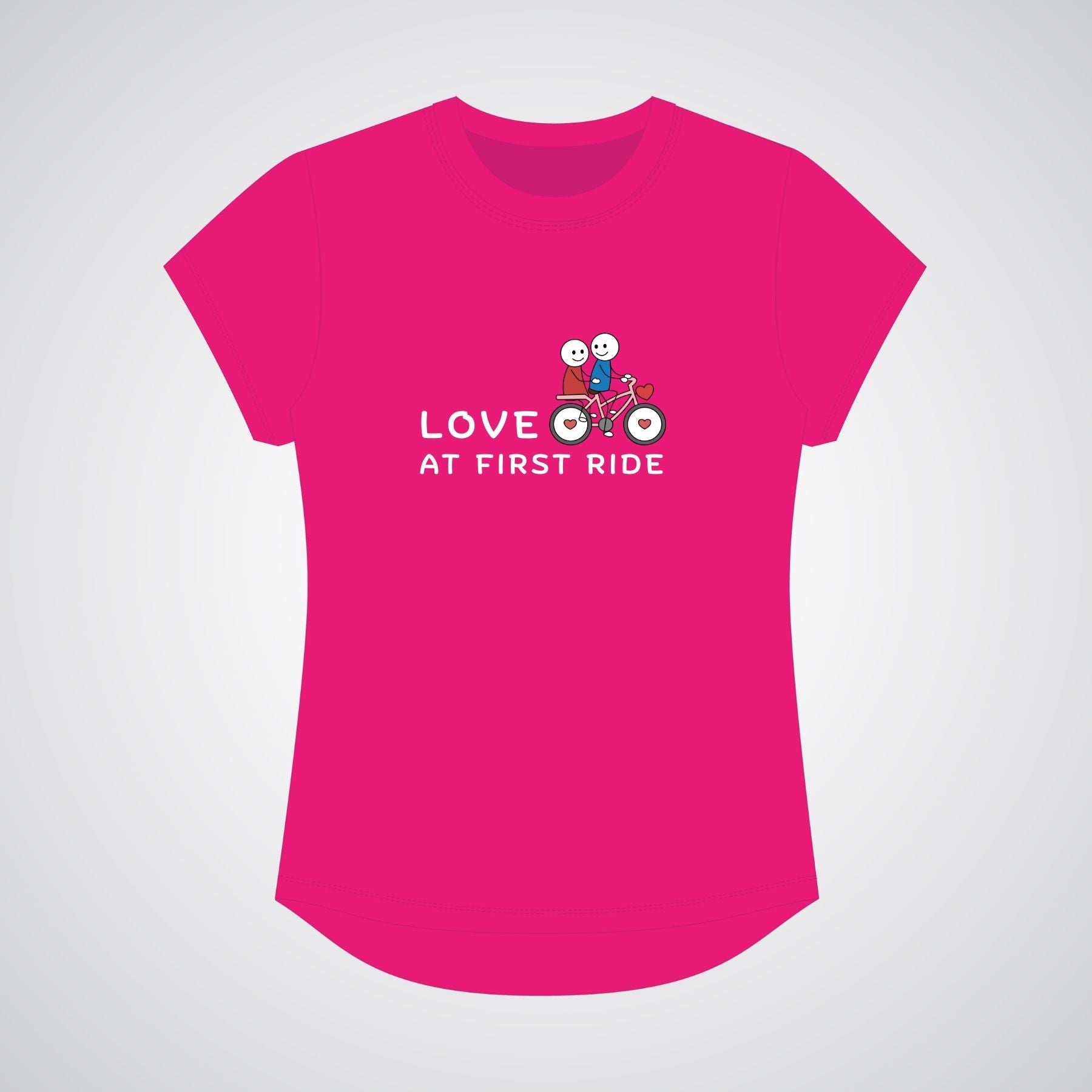 Pink t-shirt with graphic design and text 'Love at First Ride' on a light gray background