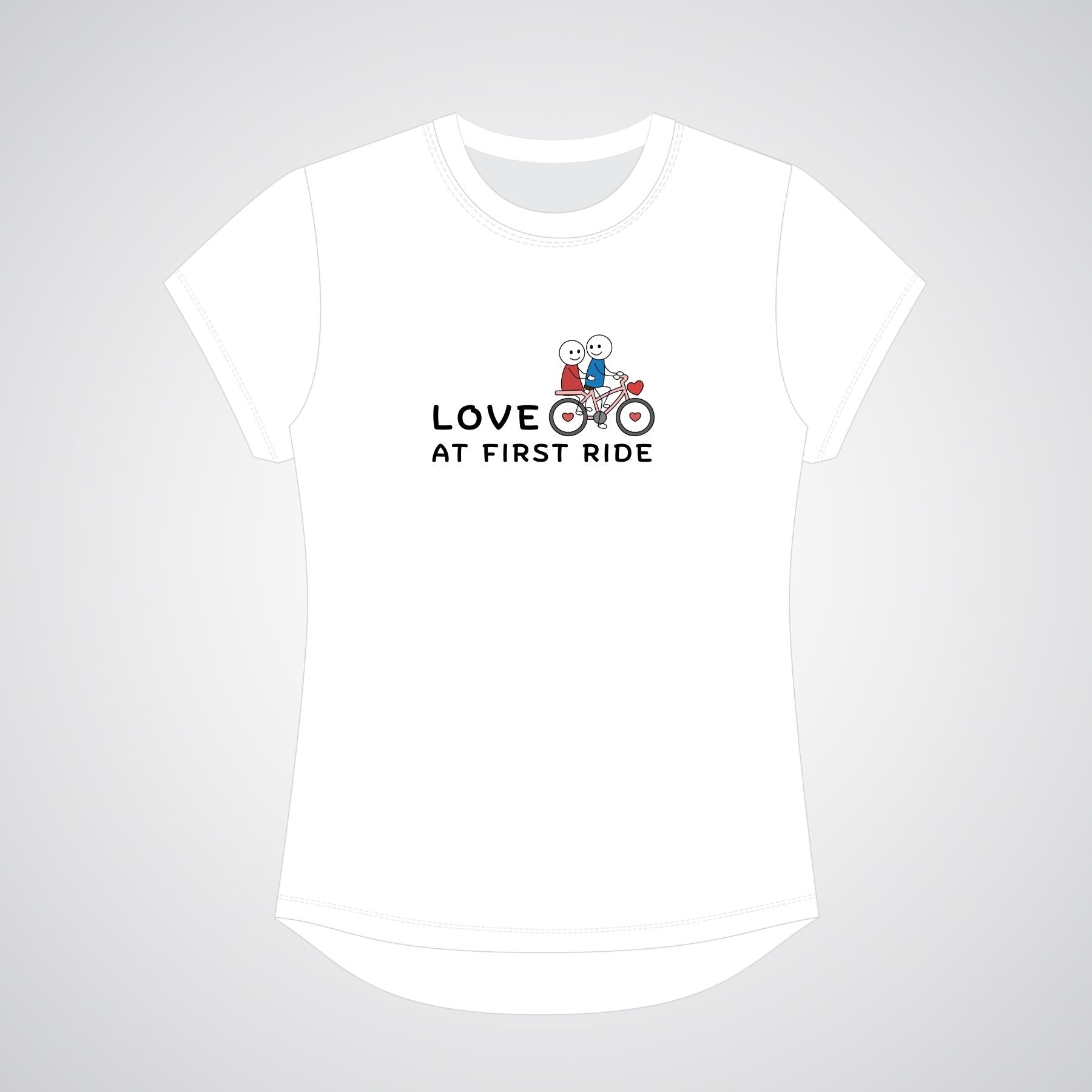 White t-shirt with 'Love at First Ride' graphic on a light gray background
