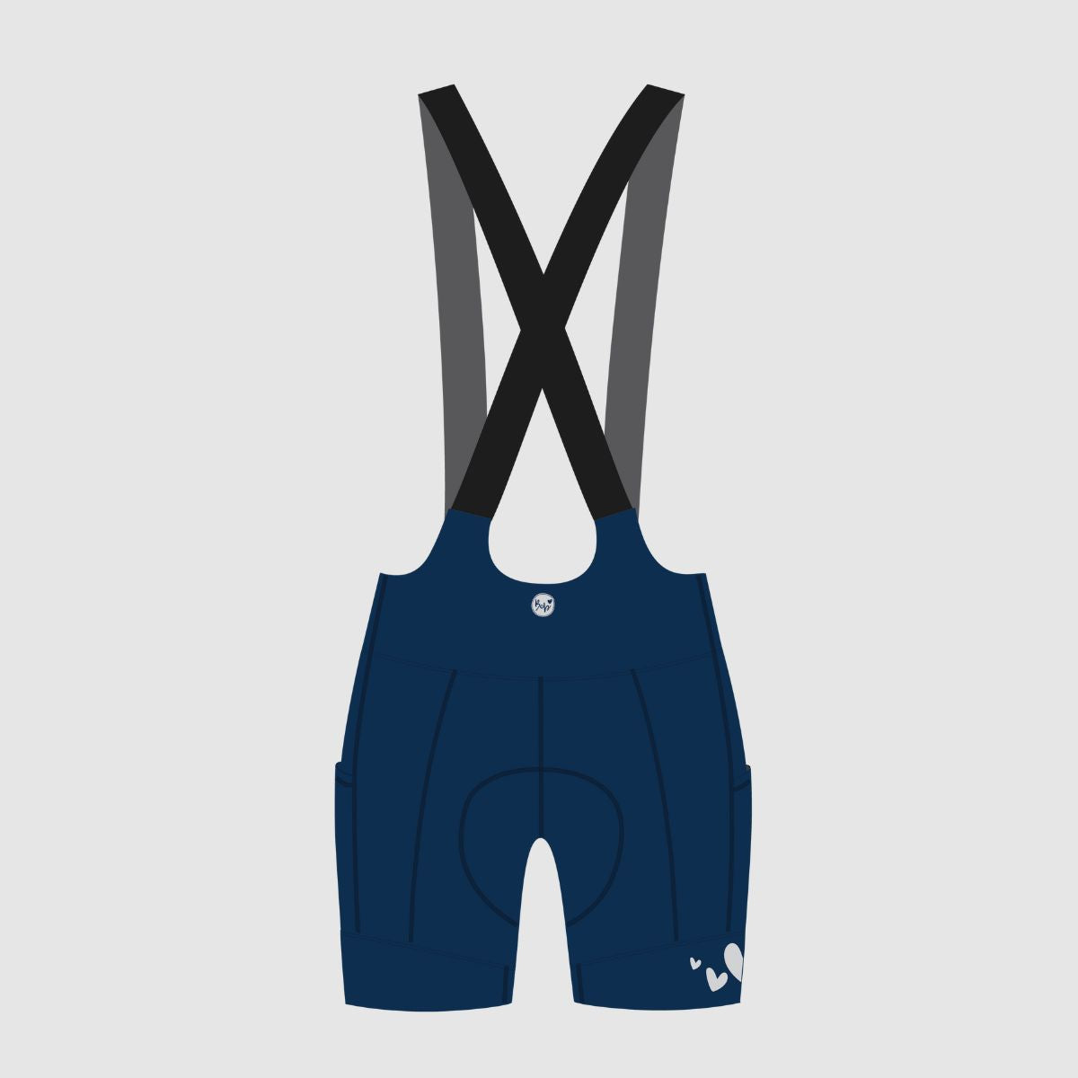 Tech drawing of women's bib shorts with pockets in a blue colour front side