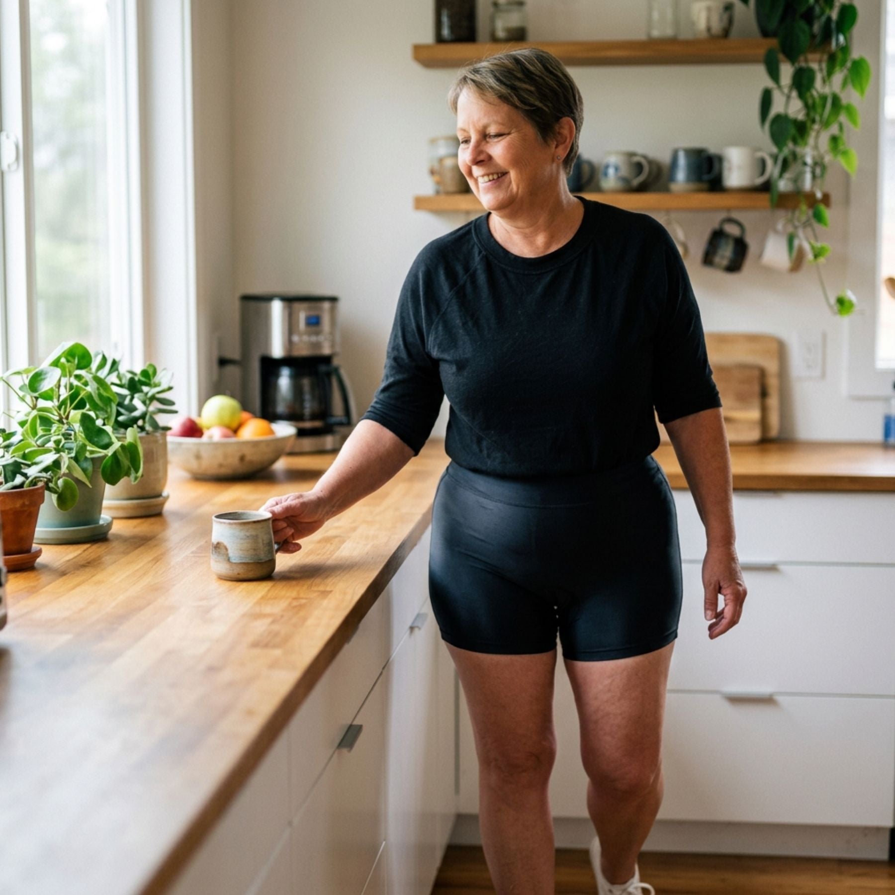 A woman wearing a black three-quarter sleeve t-shirt and matching black unders cycling underwear stands in a bright, modern kitchen, holding a ceramic mug on a wooden countertop.