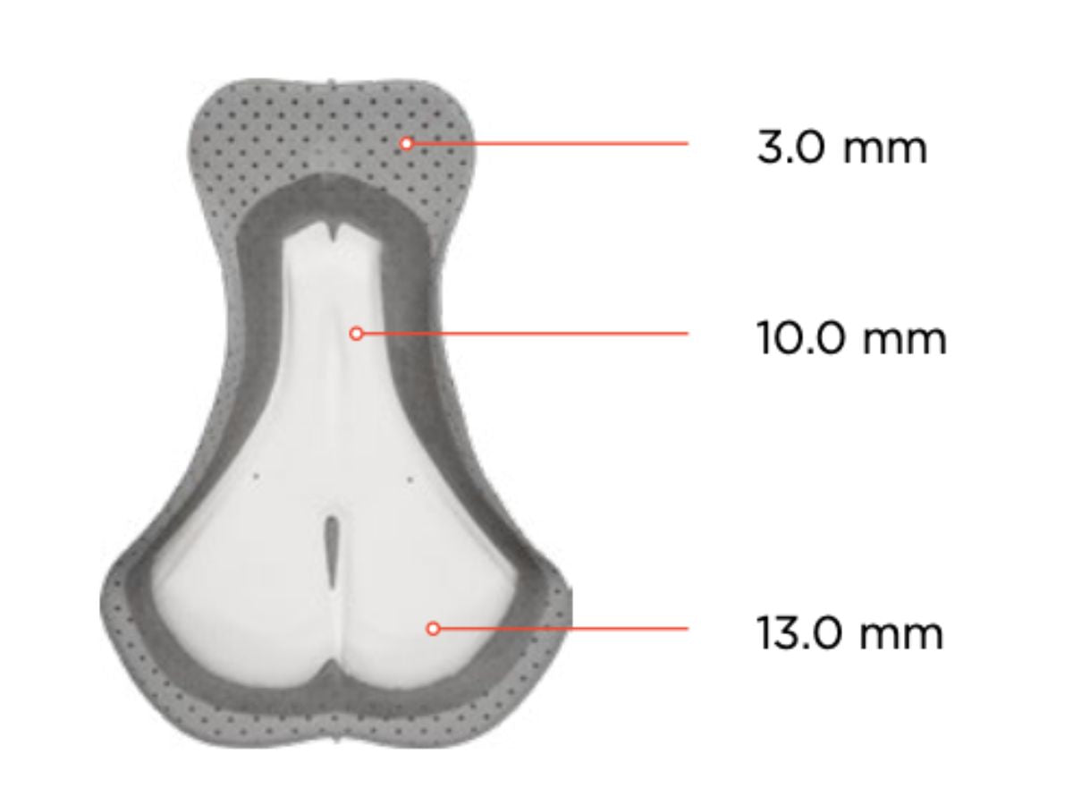 Cross-sectional diagram of a womens cycling chamois with labeled dimensions on a white background