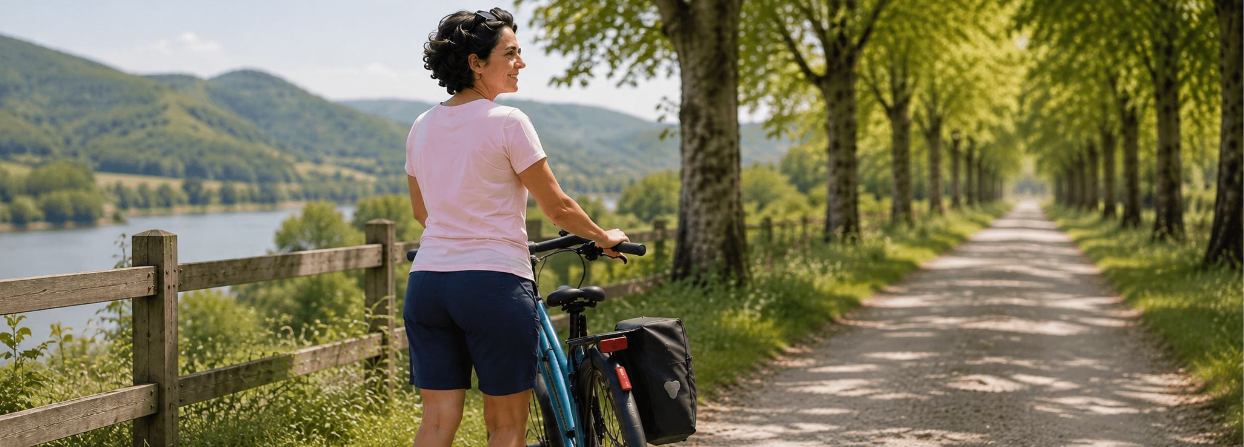A woman stands on a tree-lined path beside a lake, wearing a light pink t-shirt and navy shorts while holding a blue bicycle with a black bag. Mountains are visible in the background.