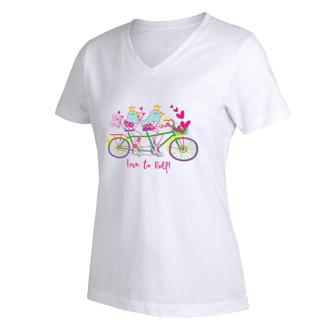 Birds on Bikes T-Shirt XS / White / V-Neck Love to Roll Tee